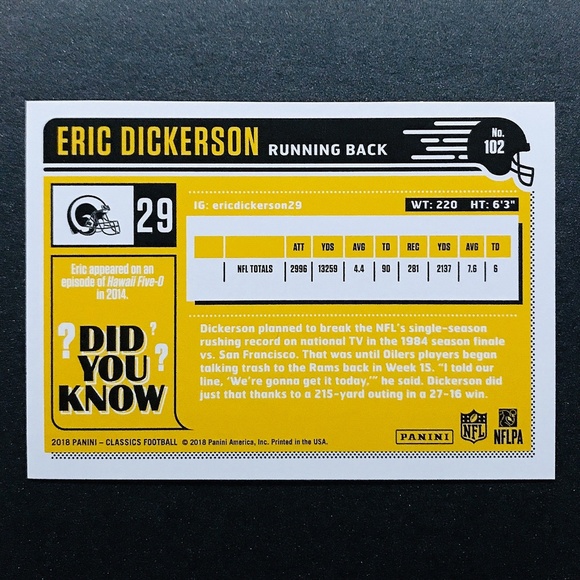 Eric Dickerson - 2018 Classics #102 - Picture 2 of 2